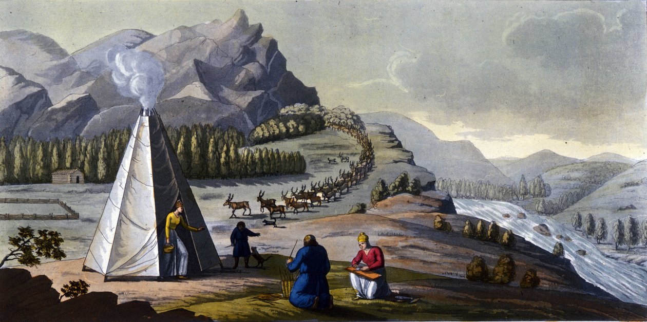 Paysage sami : peuple autochtone vivant dans les terres des pays du nord (Norvège, Finlande, Suède et Russie) fabriquant des paniers en osier, nettoyant le poisson près d