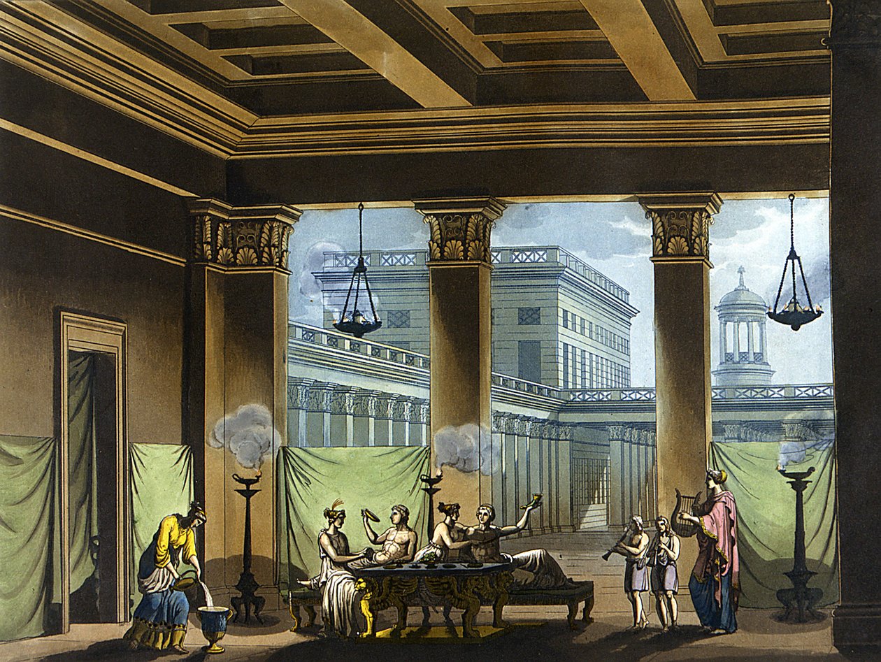 Triclinium éclairé par des lampes à huile dans la Grèce antique : scène de banquet - dans "Le costume ancien et moderne" de Jules Ferrario, éd. Milan - Giulio Ferrario