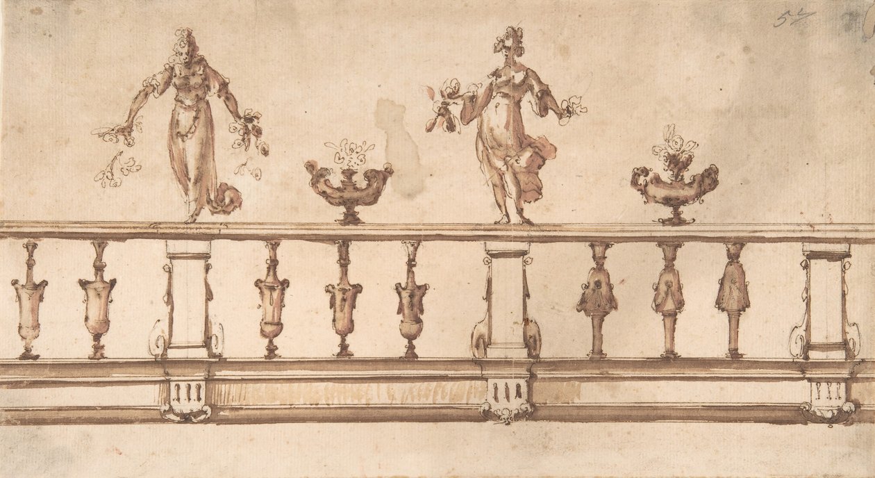 Conception pour une balustrade avec figures féminines et urnes, XVIe-XVIIe siècle - Giulio Parigi