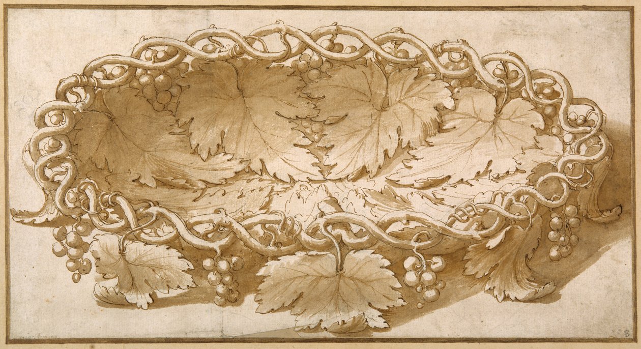Conception pour un bol à fruits ovale, avec des vrilles de vigne, des feuilles et des raisins - Giulio Romano