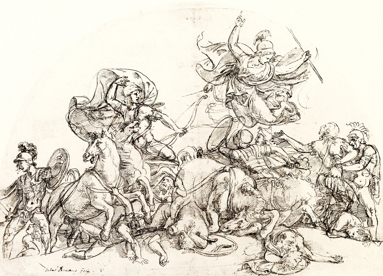 Diomède, blessé par Pandarus, est réconforté par Pallas Athéna - Giulio Romano