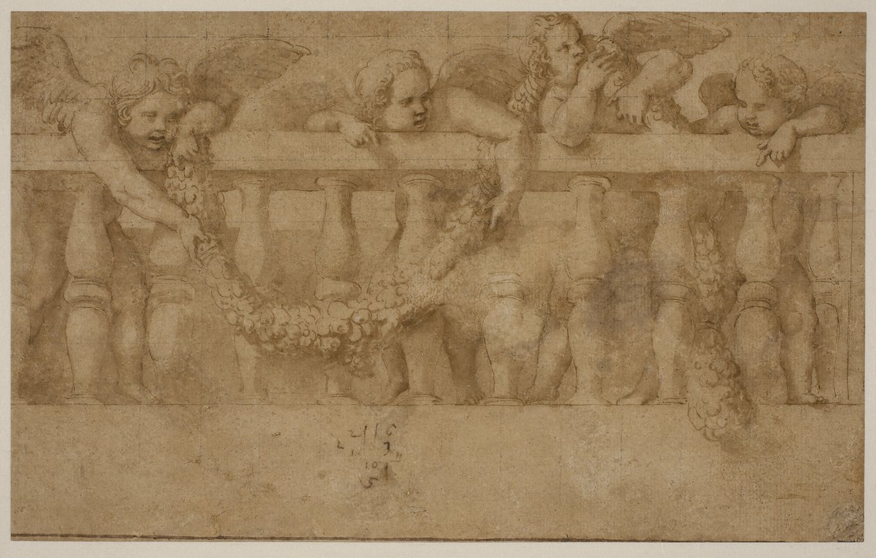 Quatre putti ailés décorant une balustrade avec des guirlandes - Giulio Romano