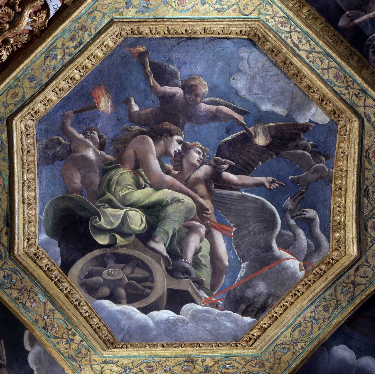 Vénus furieuse désigne Psyché à Cupidon pour la punir. Fresque de Giulio Pippi de