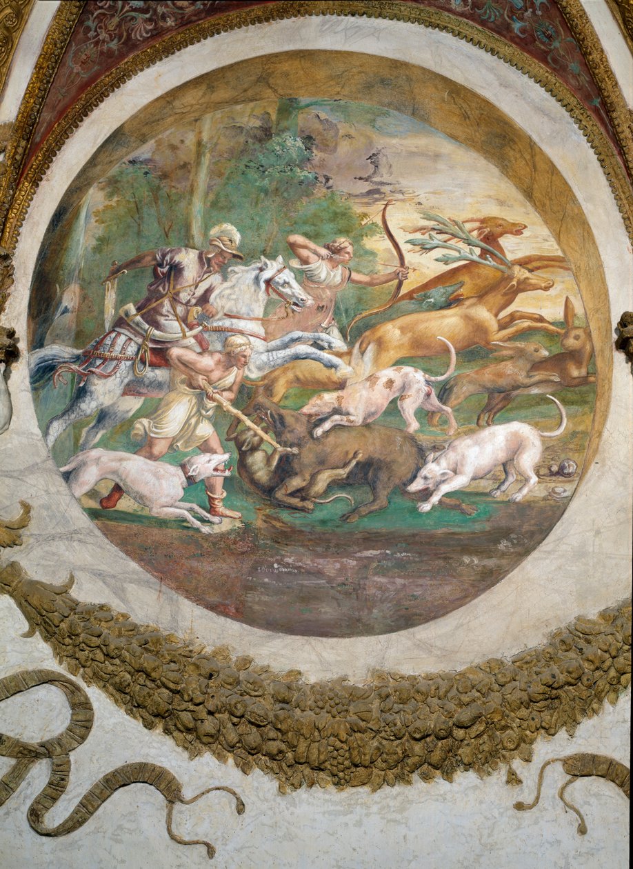 Scène montrant que ceux nés sous le signe du Cancer en conjonction avec la constellation de Mars seront habiles à la chasse et à la pêche, symbolisée par une scène de chasse, de la Camera dei Venti - Giulio Romano