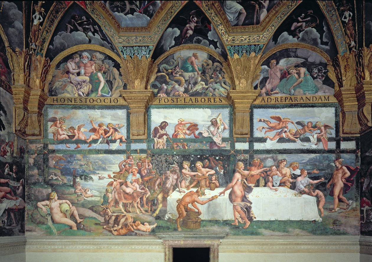 Le Banquet Rustique célébrant le mariage de Cupidon et Psyché, avec les trois lunettes au-dessus représentant l
