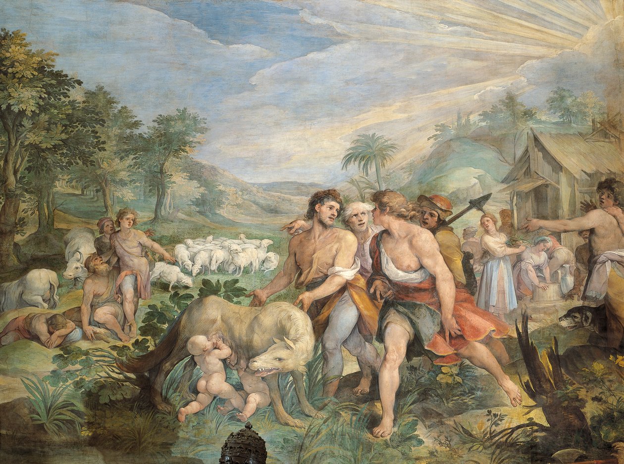 Romulus et Remus, allaités par une louve, trouvés par Faustulus sur les rives du Tibre - Giuseppe Cesari