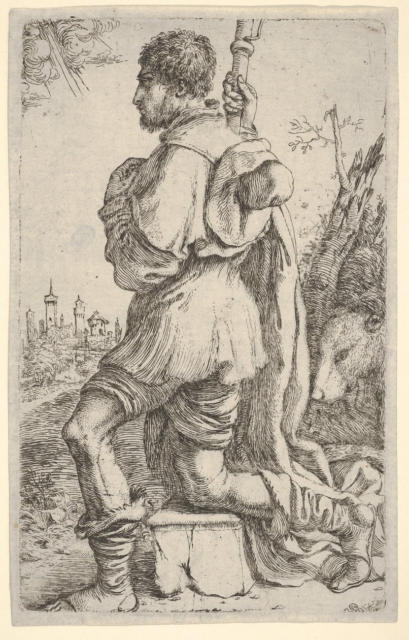 Saint Roch, agenouillé sur une pierre, vu de côté avec son chien derrière lui et une ville, 1620-30 - Giuseppe Caletti