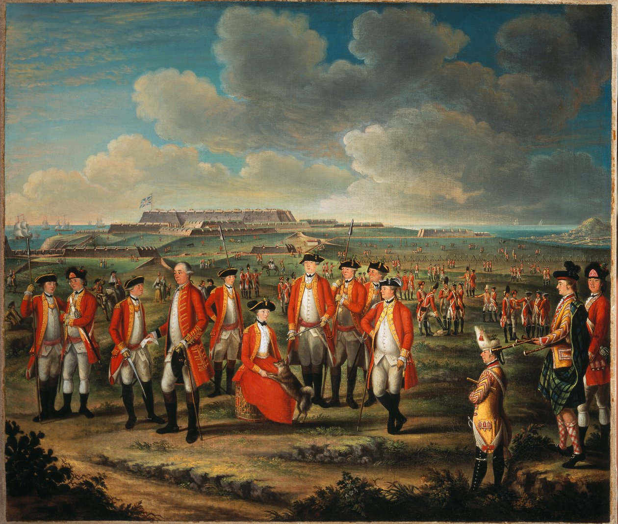 Lady Louisa Lennox avec le régiment de son mari, 25e régiment de pied, avec Lord George Lennox à ses côtés, et Fort St Philip, Port Mahon, en arrière-plan, vers 1771 - Giuseppe Chiesa