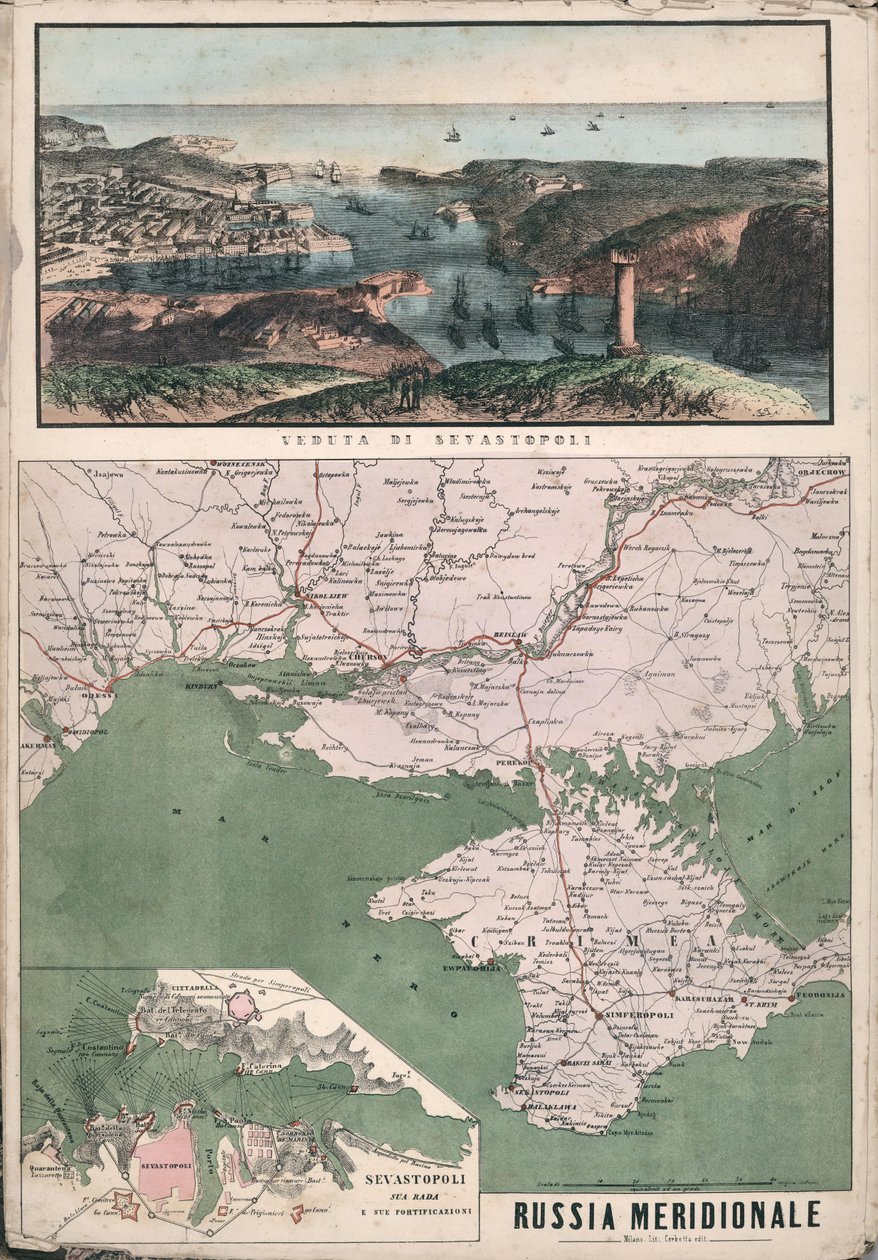 Carte du sud de la Russie avec vue de la baie de Sébastopol et ses fortifications - Giuseppe Civelli