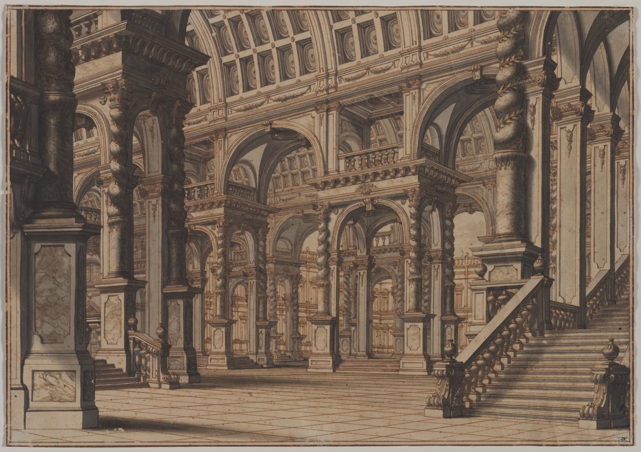 Salle voûtée monumentale avec escalier - Giuseppe Galli Bibiena