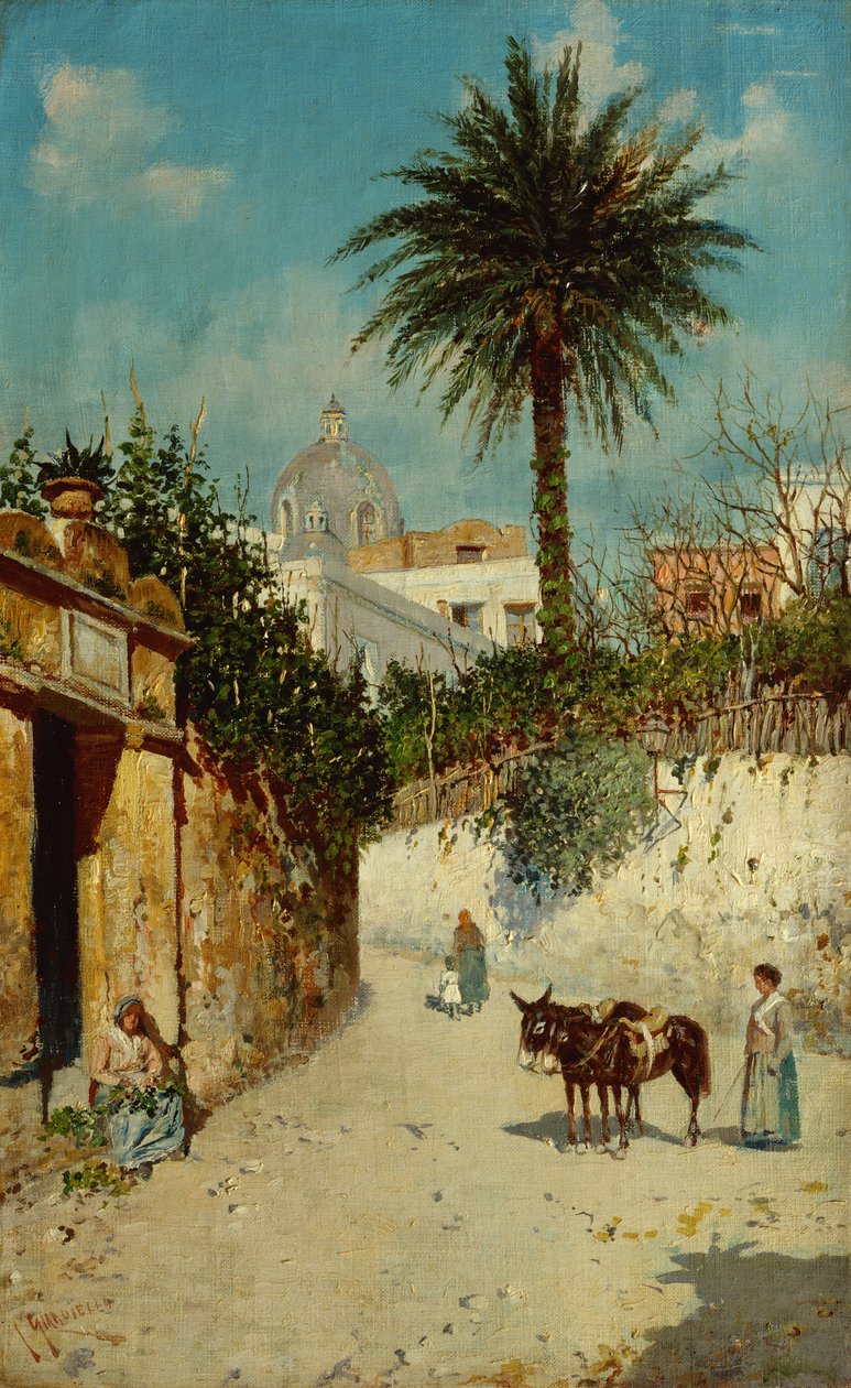 Scène de rue à Naples (huile sur toile) - Giuseppe Giardiello