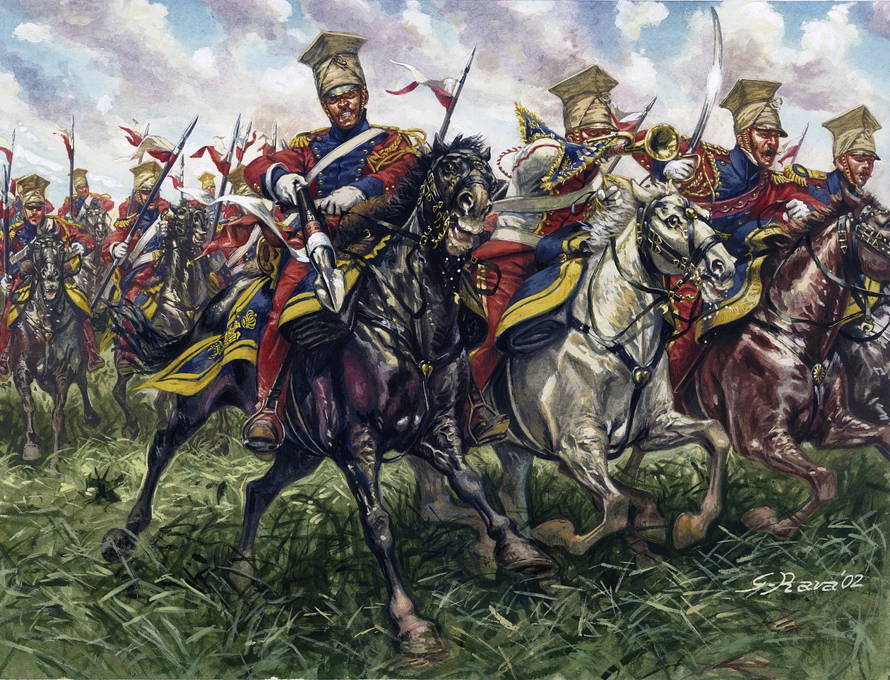 Premier Empire : les lanciers rouges ou régiment de lanciers de la Garde Impériale pendant la bataille de Waterloo le 18/06/1815 - Giuseppe Rava