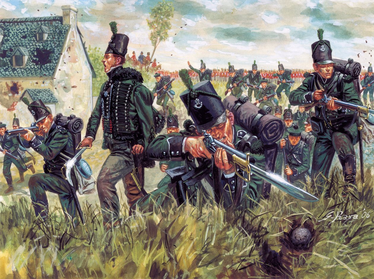 Guerre napoléonienne : les fusiliers britanniques du 95e régiment défendent une carrière de sable à la bataille de Waterloo le 18 juin 1815 (illustration de Giuseppe Rava) - Giuseppe Rava