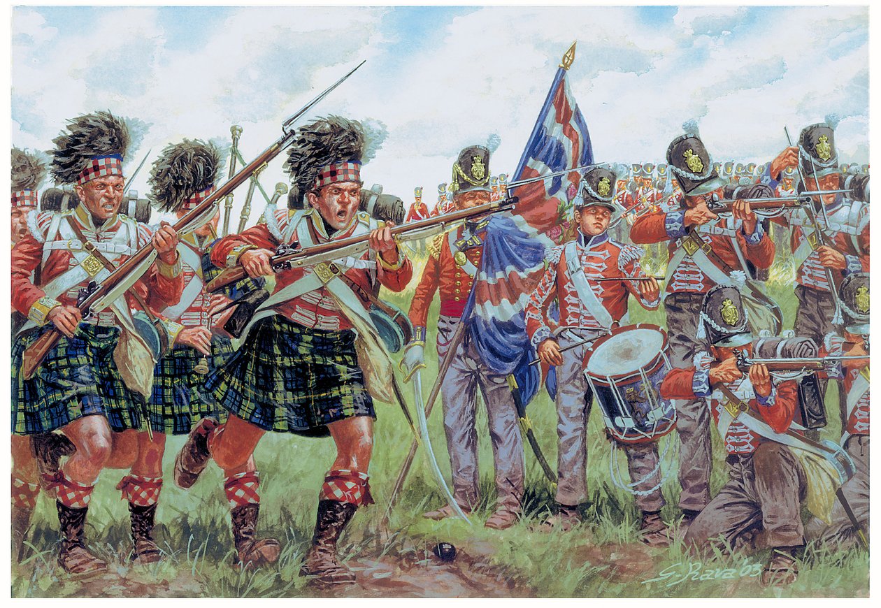 Guerres napoléoniennes : soldats écossais et britanniques à la bataille de Waterloo le 18 juin 1815 (illustration de Giuseppe Rava) - Giuseppe Rava