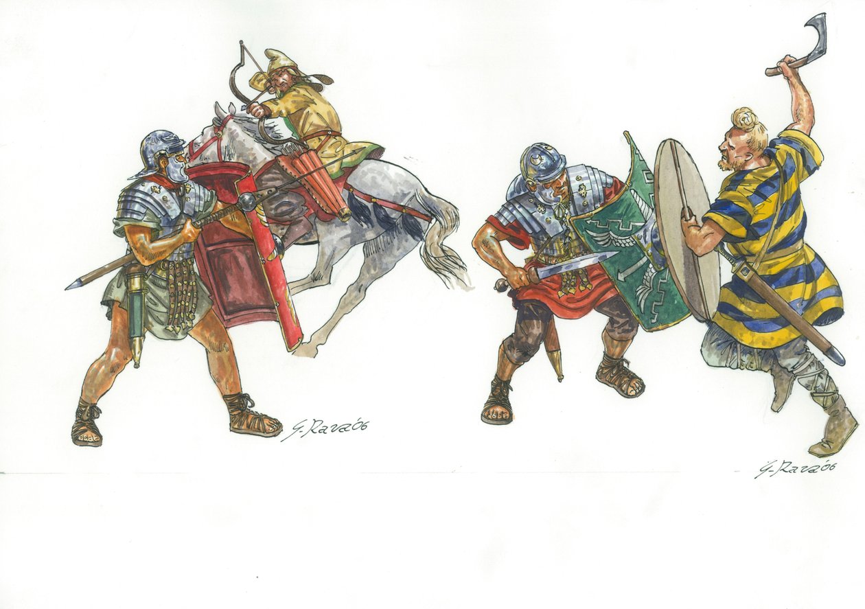 Légionnaires romains combattant un archer monté parthe et un guerrier franc - Giuseppe Rava