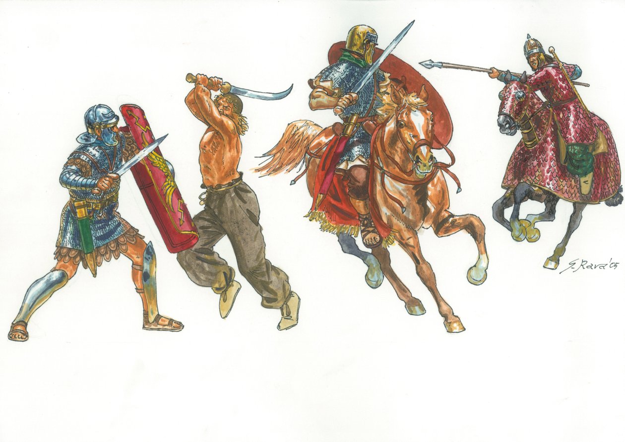 Légionnaire romain combattant un guerrier dace et cavalier romain contre un cataphracte sarmate - Giuseppe Rava