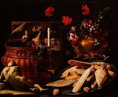 Nature morte avec des fleurs dans une urne dorée, une peinture et des gâteaux sur un plateau - Giuseppe Recco