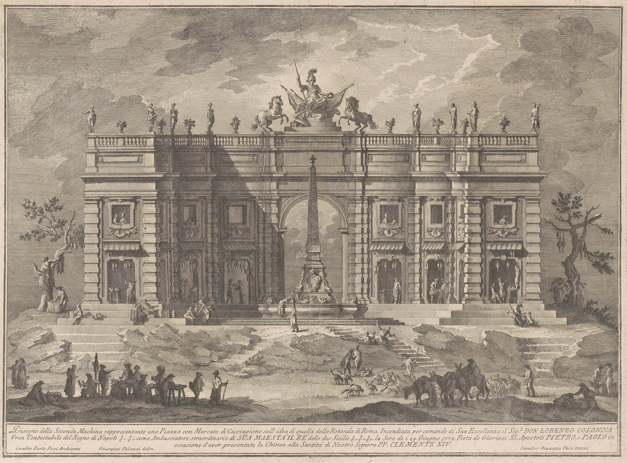 La Seconde Macchina pour la Chinea de 1772 : Une place avec un marché de jeux et la fontaine du Panthéon - Giuseppe Vasi, after Giuseppe Palazzi, after Paolo Posi