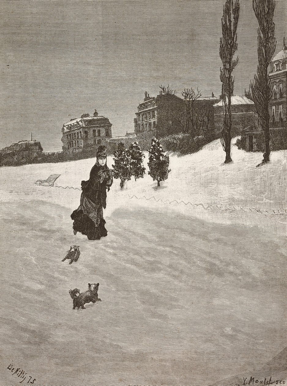 Il fait froid !, femme marchant dans la neige (gravure) - Giuseppe or Joseph de Nittis