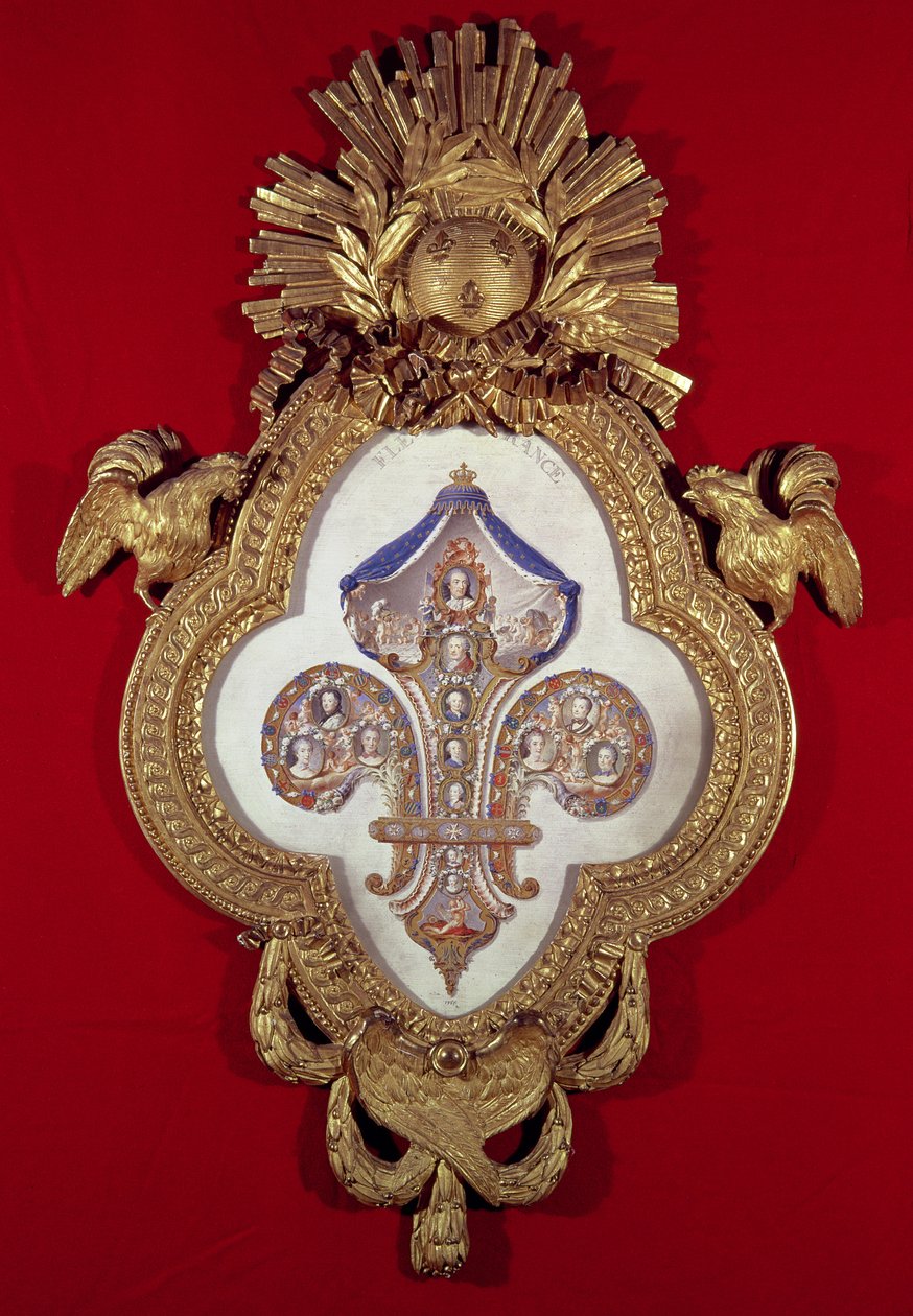La Fleur de France, arbre généalogique avec treize portraits de Louis XV (1710-74) et ses descendants dans un cadre en forme de fleur de lys, 1765 (or et émail) - Glokeur de Surchamps
