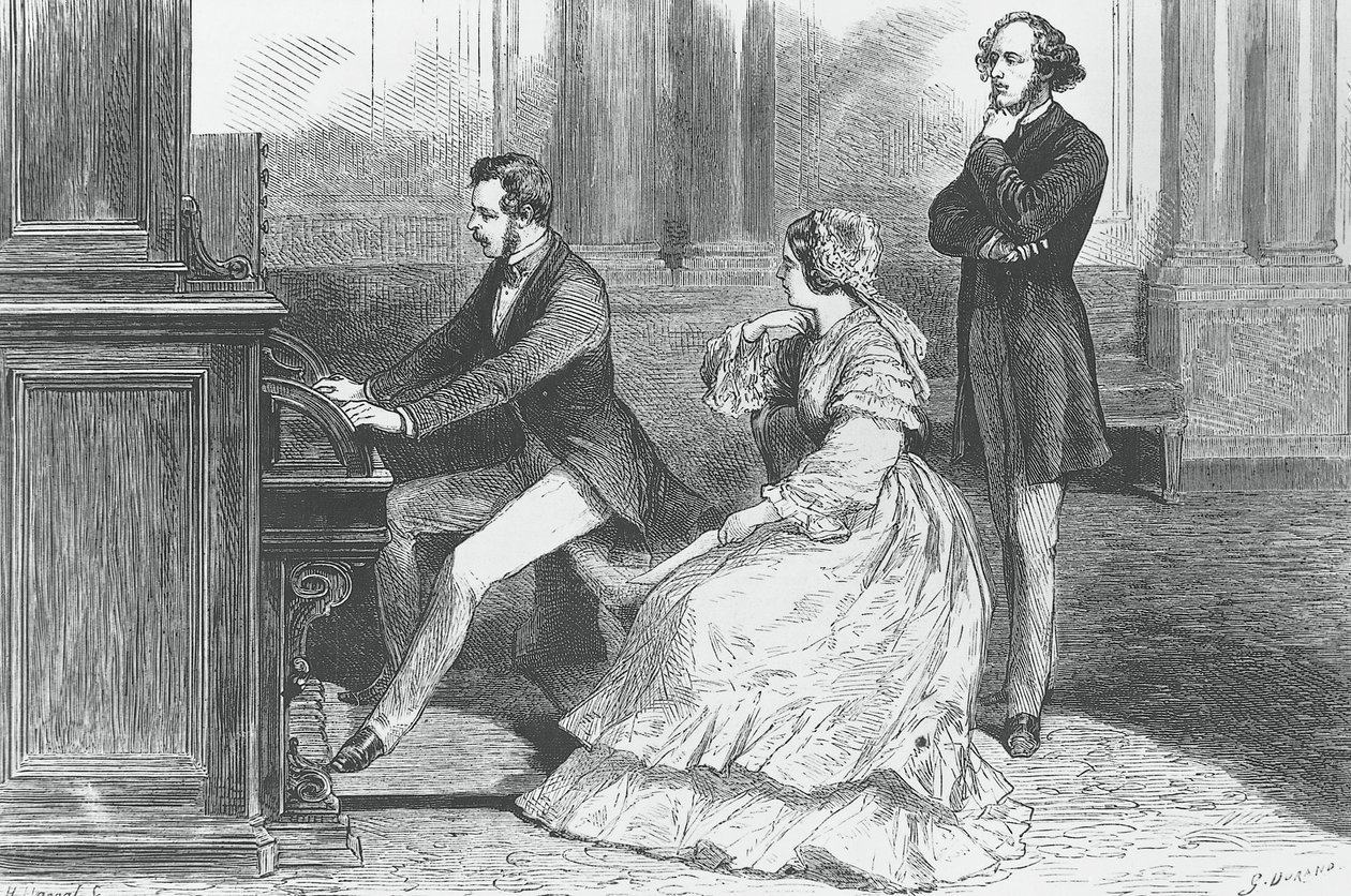 Le prince Albert de Saxe jouant devant la reine Victoria et Felix Mendelssohn Bartholdy (1809-1847), gravure - Godefroy Durand