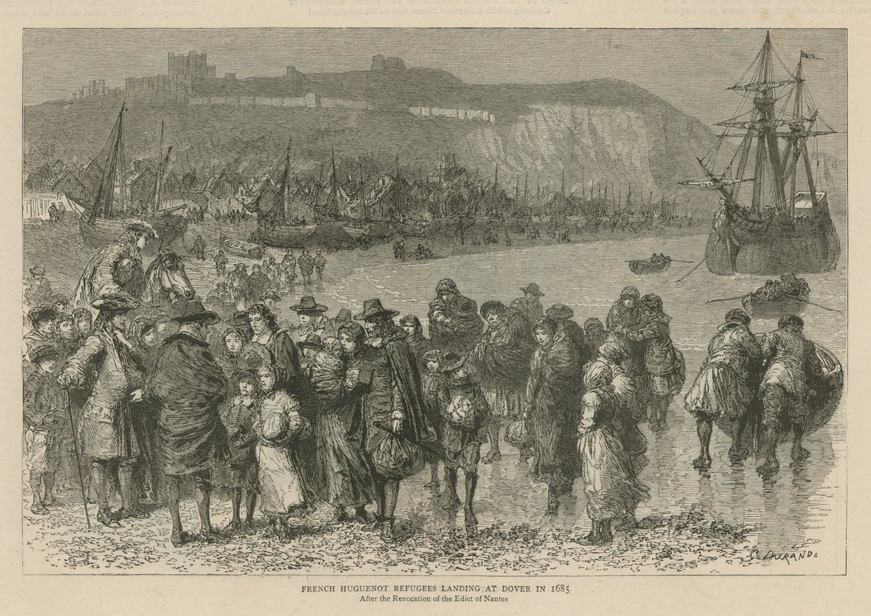 Les huguenots en Angleterre : Réfugiés huguenots français débarquant à Douvres en 1685 (gravure) - Godefroy Durand