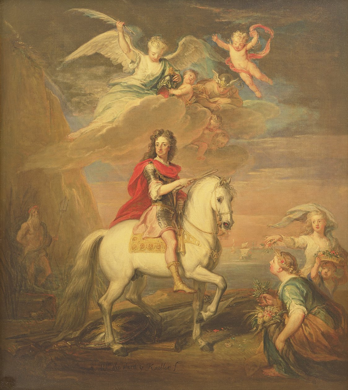 Guillaume III sur un cheval gris observé par Neptune, Cérès et Flore. Mercure dans le ciel et Astrea - Godfrey Kneller