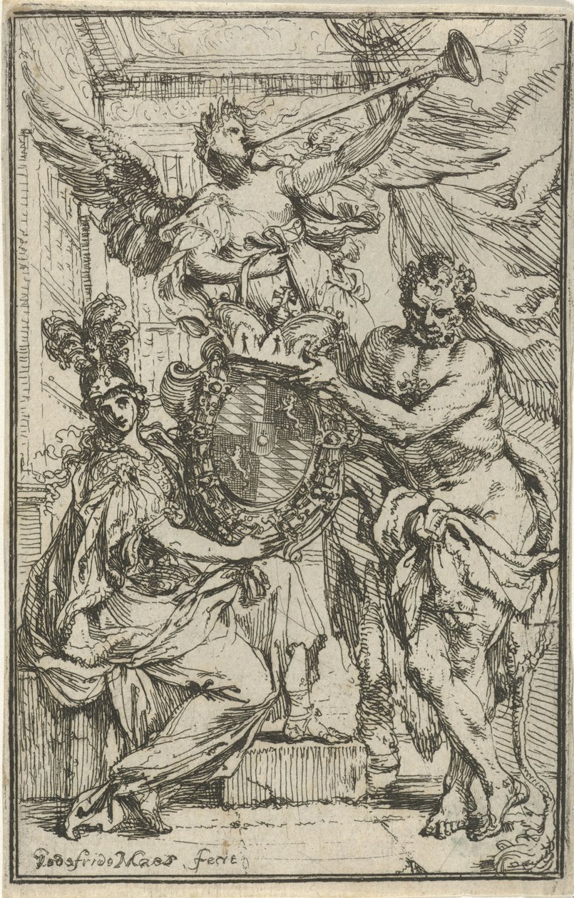 Minerve, Hercule et Renommée avec un blason - Godfried Maes