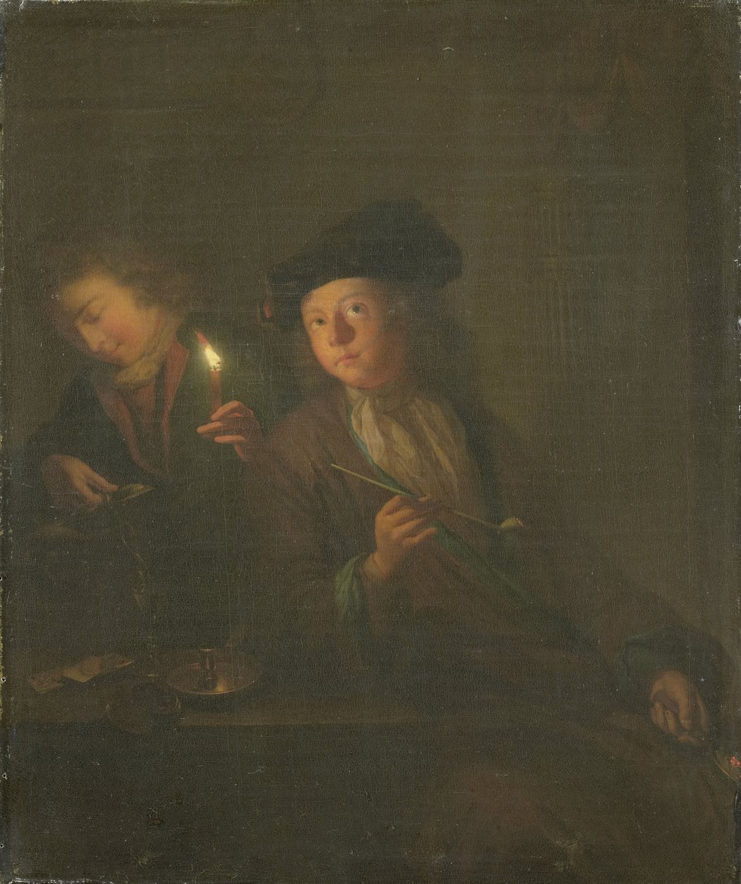 Le fumeur (un homme avec une pipe et un homme versant une boisson dans un verre) - Godfried Schalcken (attributed to)