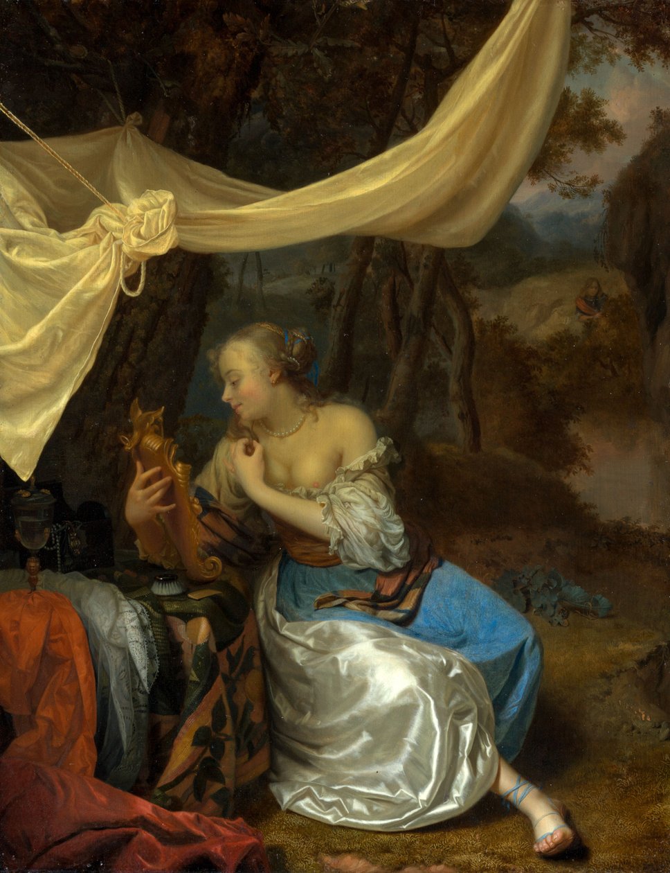 Une dame avec un miroir sous un dais, dans un paysage boisé - Godfried Schalcken