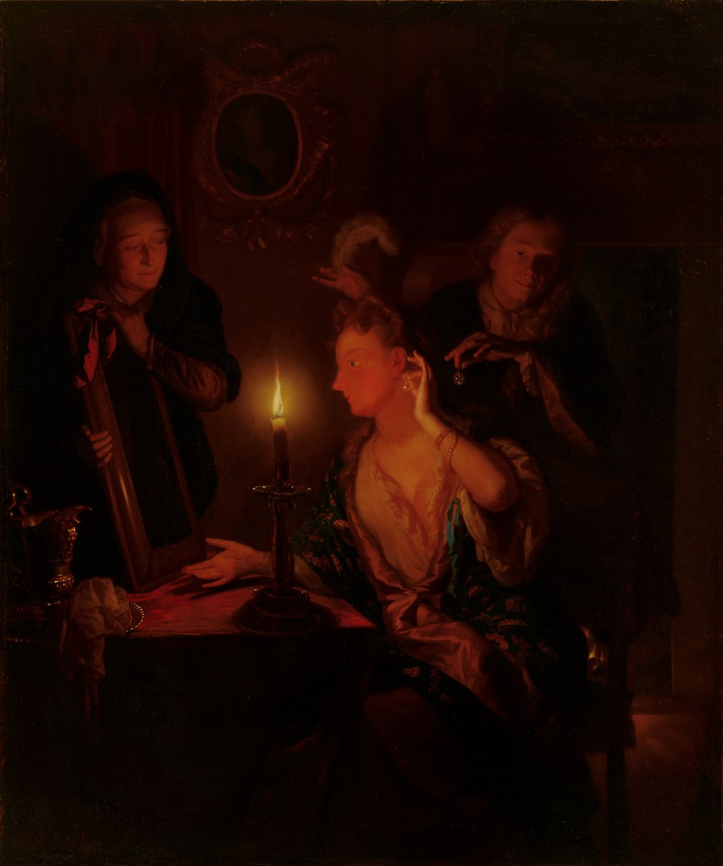 Dame devant un miroir à la lumière des bougies - Godfried Schalcken