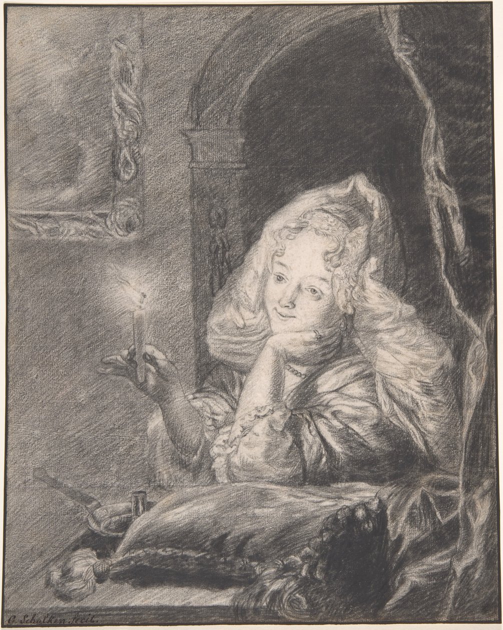 Jeune femme assise à une table, tenant une bougie - Godfried Schalcken