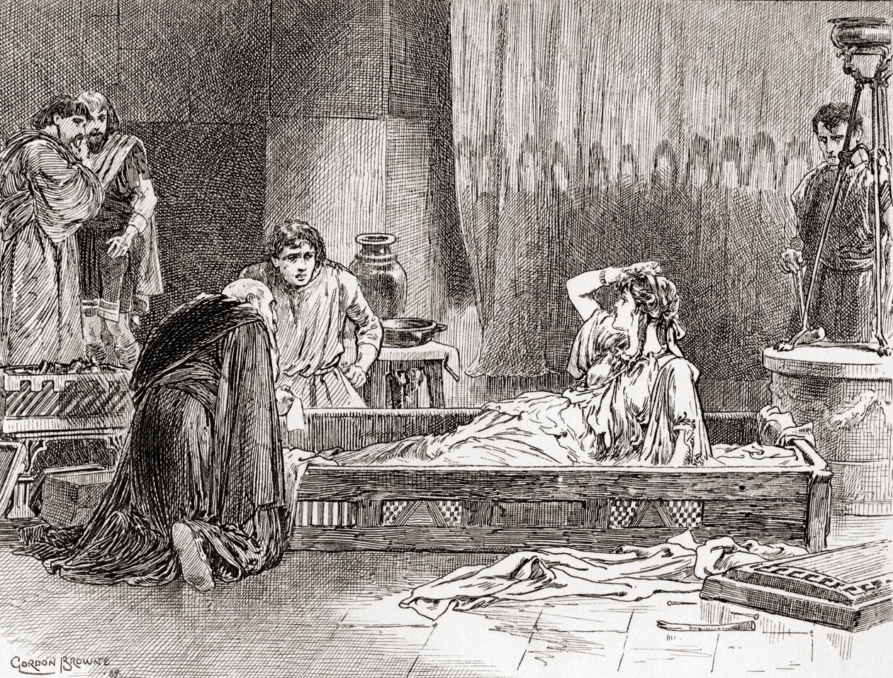 Scène de la pièce de William Shakespeare, Périclès, Prince de Tyr, Acte III, Scène 2, de Les Œuvres de William Shakespeare, publié en 1896 - Gordon Frederick Browne