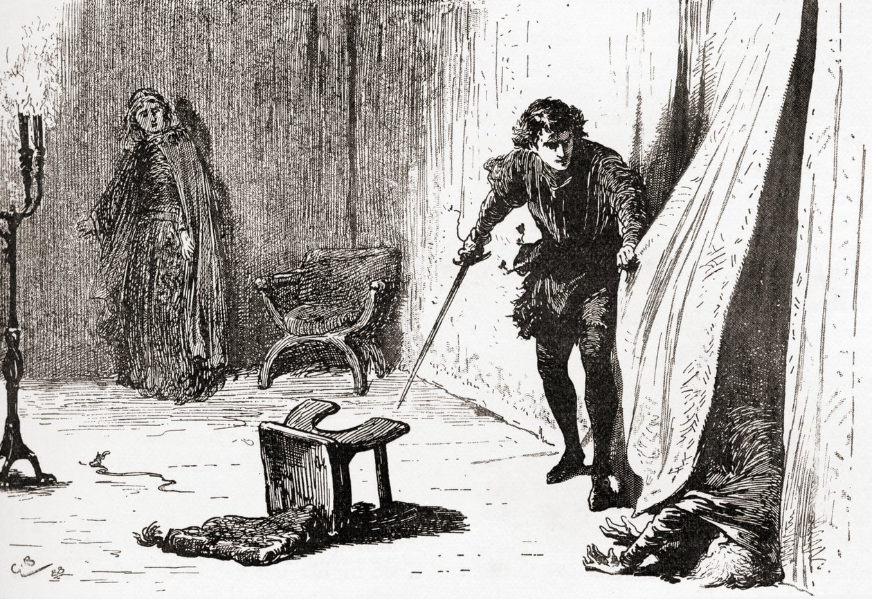 Scène de la pièce de William Shakespeare, Hamlet, Acte III, Scène 4, de Les Œuvres de William Shakespeare, publié en 1896 - Gordon Frederick Browne