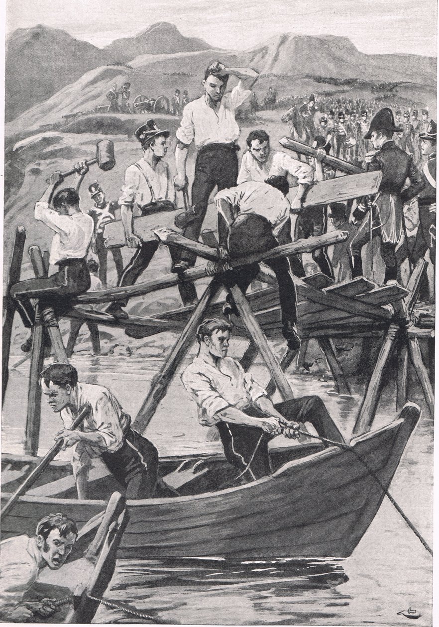 La construction du pont sur le Guadiana, 3 avril 1811, illustration de 