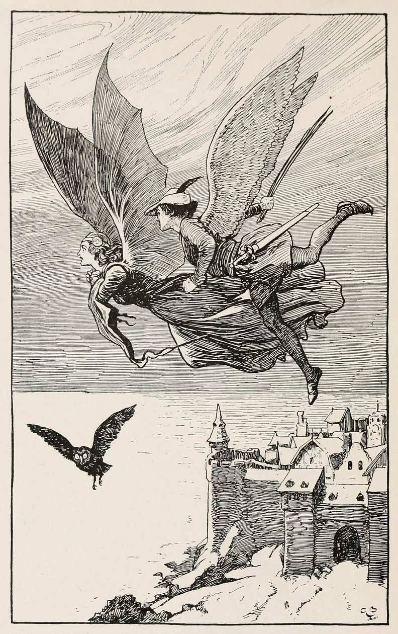 Le compagnon de voyage volait derrière elle, des Contes de fées de Hans Anderson, pub 1919 - Gordon Frederick Browne