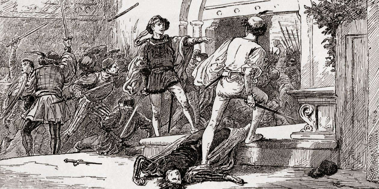 Scène de la pièce de William Shakespeare, Roméo et Juliette, Acte III, Scène 1, de Les Œuvres de William Shakespeare, publié en 1896 - Gordon Frederick Browne
