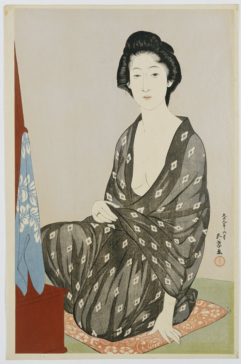 Une beauté en kimono noir avec des motifs hanabishi blancs, assise devant un miroir, 1920 - Goyo Hashiguchi