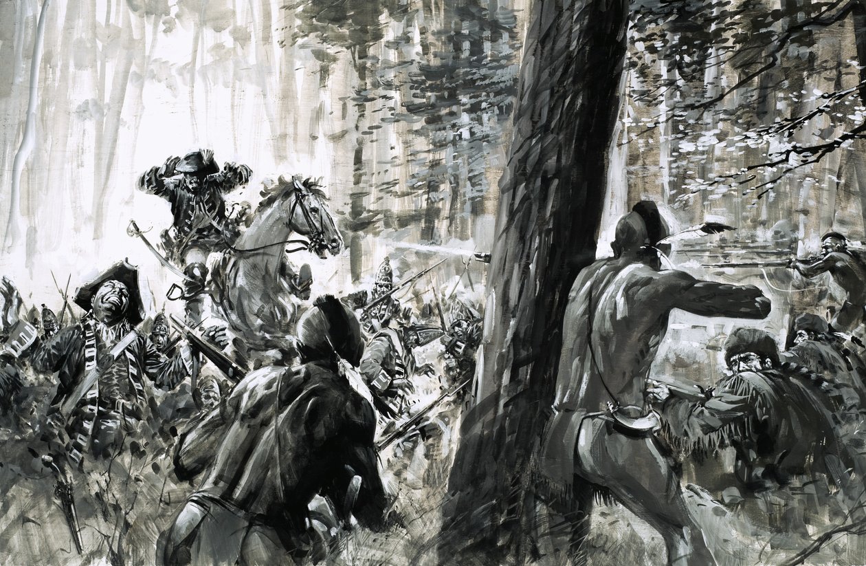 En 1765, le général Edward Braddock tombe dans une embuscade tendue par des soldats français et de féroces Indiens canadiens - Graham Coton