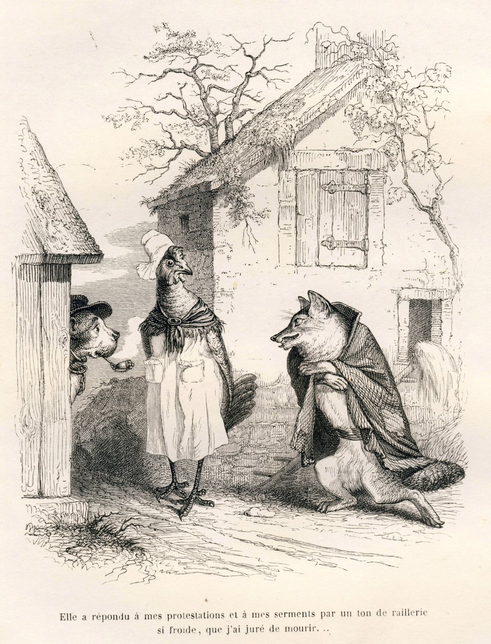 Conversation entre un chien, une poule et un renard - Grandville
