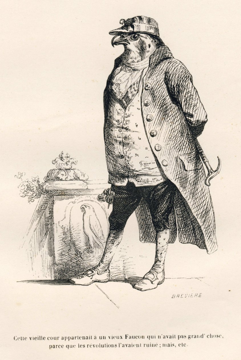 Faucon ruiné par les révolutions. Vignettes illustrées par JJ Granville. Gravure signée Brévière dans "Souvenirs d
