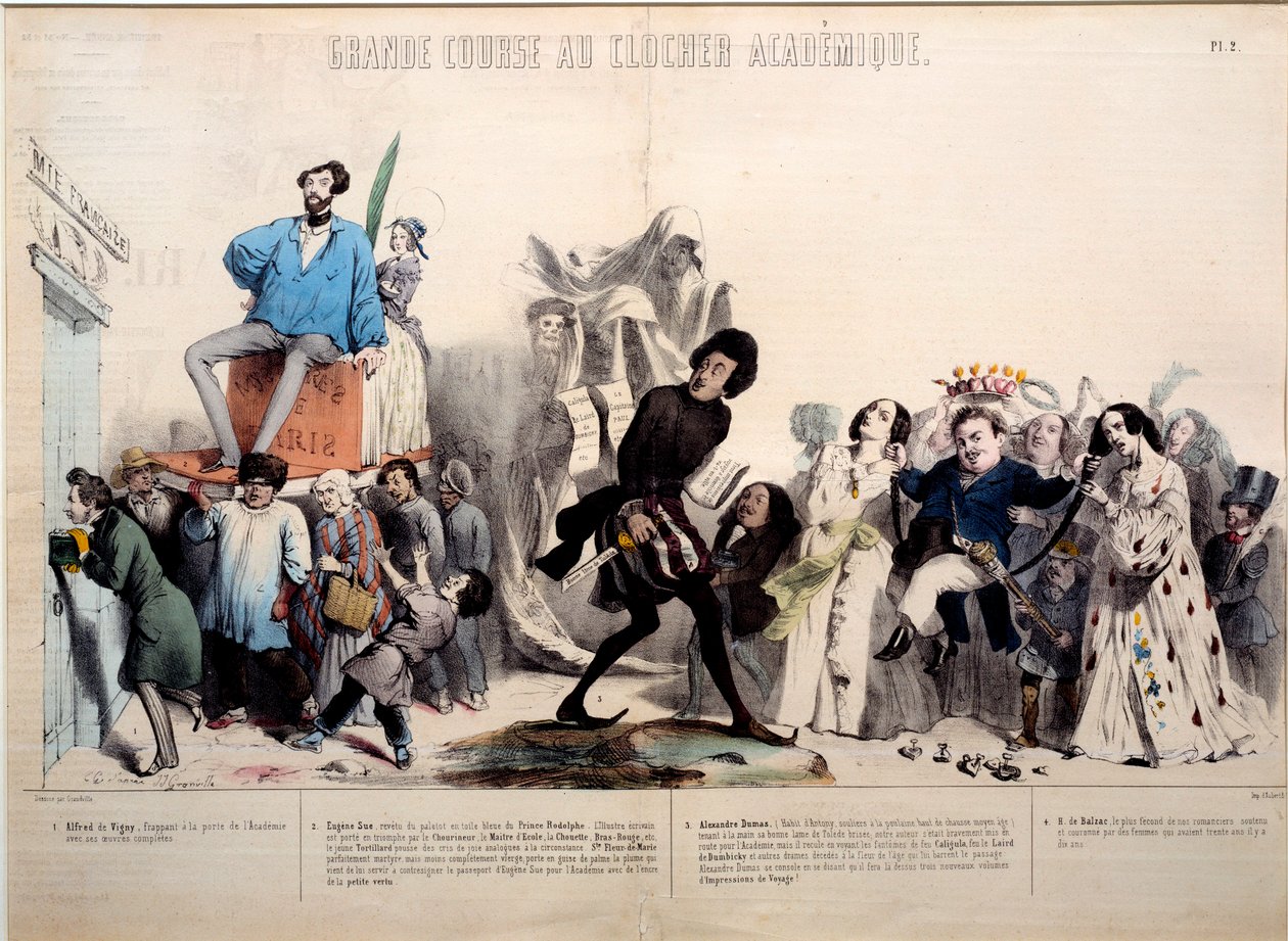 Grande course vers le clocher académique. Les écrivains Alfred de Vigny (1797-1863), Eugène Sue (1804-1857), Alexandre Dumas (1802-1870) et Honoré de Balzac (1799-1850) sont reconnus. Gravure par Gérard Grandville (1803-1847) - Grandville