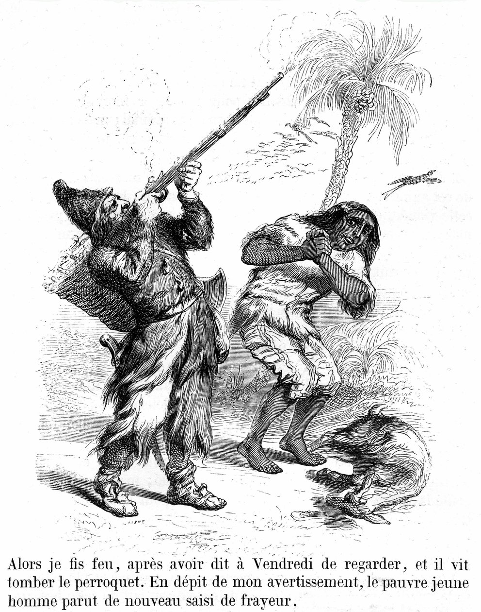 Illustration du roman Robinson Crusoé de Daniel Defoe par Grandville - édition Garnier 1869 p193. Robinson tire avec un fusil devant Vendredi effrayé. - Grandville (1803 47)