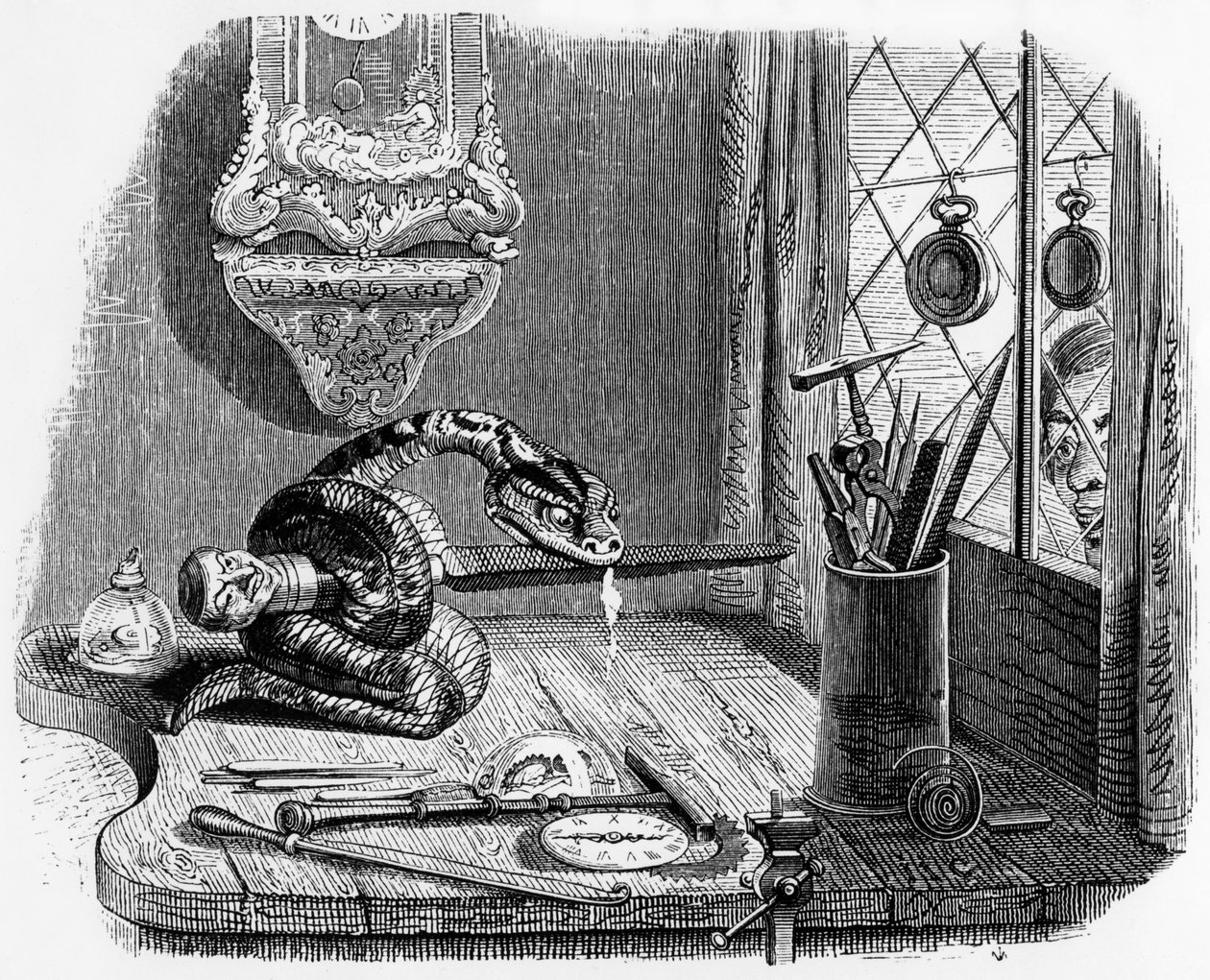 La fable de La Fontaine (par Jean de La Fontaine) : le serpent et la lime, gravure de J.J. Grandville, c. 1838-40 - Grandville (1803 47)
