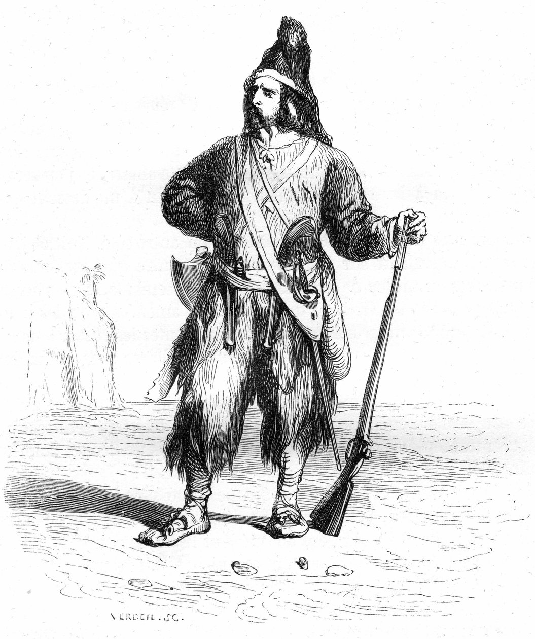 Portrait de Robinson Crusoé sur son île déserte avec son fusil et ses armes assorties à la ceinture - Illustration de Grandville du roman de Daniel Defoe (De Foe) - Édition Garnier 1869 p 155. - Grandville (1803 47)