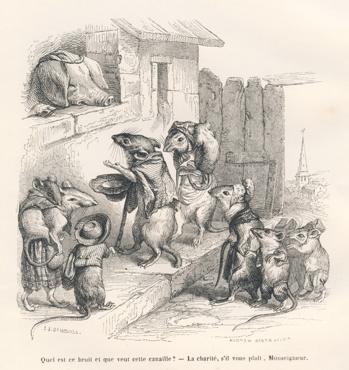 Souris faisant la charité à un cochon (Le rat philosophe) - Grandville