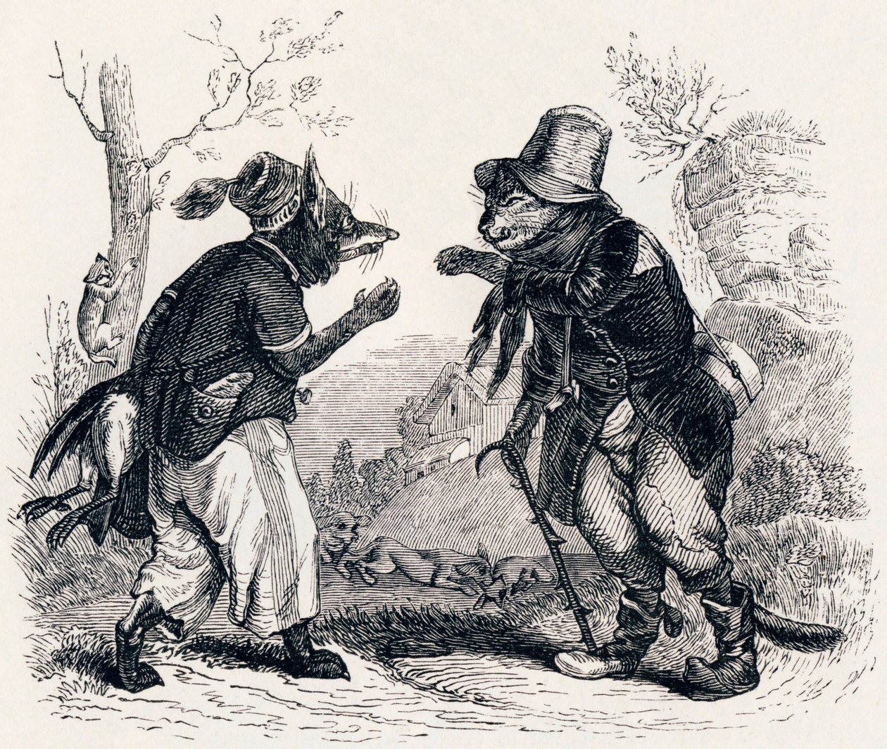 Le chat et le renard - Fables de La Fontaine - Grandville