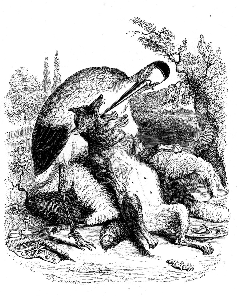 Le loup et la cigogne : fable de La Fontaine illustrée par Grandville. Édition Garnier 1860. La cigogne est représentée comme un médecin (mauvaises récompenses pour son dévouement !) - Grandville (1803 47)