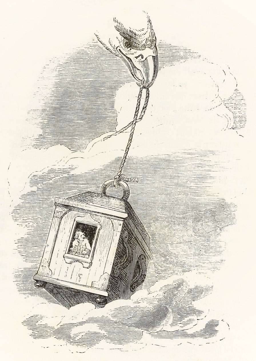 Gulliver échappe à Brobdingnag lorsque sa boîte est saisie par un aigle qui la laisse tomber dans la mer, des Voyages de Gulliver par Jonathan Swift - Grandville