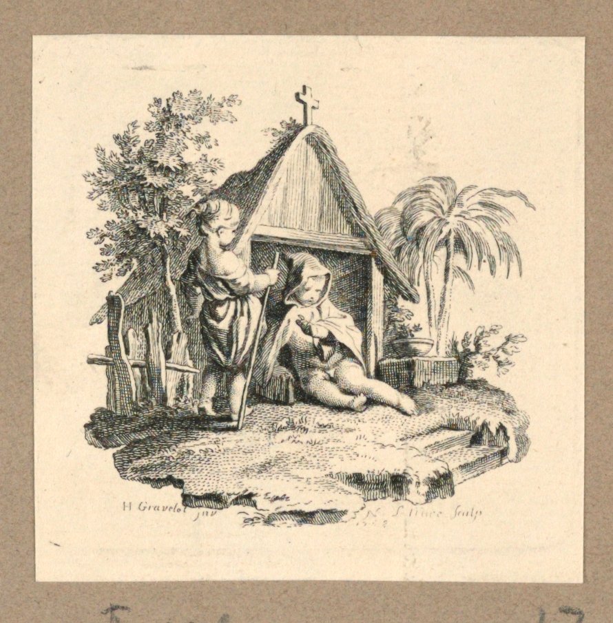 Deux figures devant une structure avec croix - Gravelot